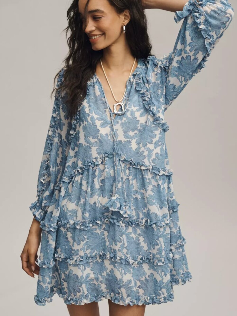 Anthropologie Long-Sleeve Ruffle Mini Dress XSP
